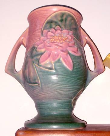 Water Lily Pink Green 9" Handled Vase