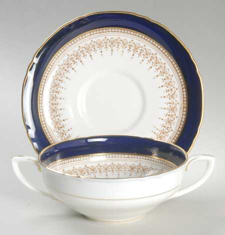 Regency Cobalt Blue (Cream Background) Flat Cream Soup Bowl & Saucer Set