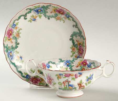 Floradora (Red Trim, Scalloped) Footed Bouillon Cup & Saucer