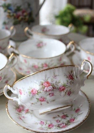 Victoriana Rose (Montrose Shape) Footed Cream Soup Bowl & Saucer Set