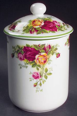 Old Country Roses White (Green Trim) Small Canister & Lid