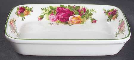 Old Country Roses White (Green Trim) 6" Rectangular Baker