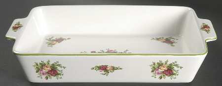 Old Country Roses White (Green Trim) 13"  Rectangular Baker