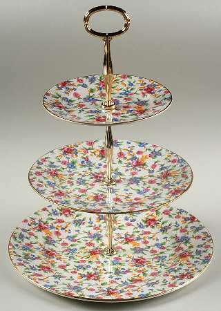 Old Cottage (Circa 1995, White) 3-Tiered Serving Tray (DP, SP, BB)