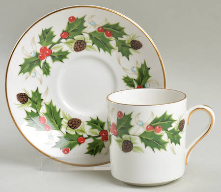 Noel (Holly Backstamp, Scalloped) Flat Demitasse Cup & Saucer Set