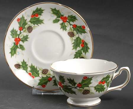 Noel (Holly Backstamp, Scalloped) Footed Cup & Saucer Set