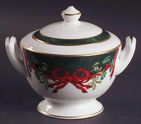 Holly Ribbons Green Sugar Bowl & Lid