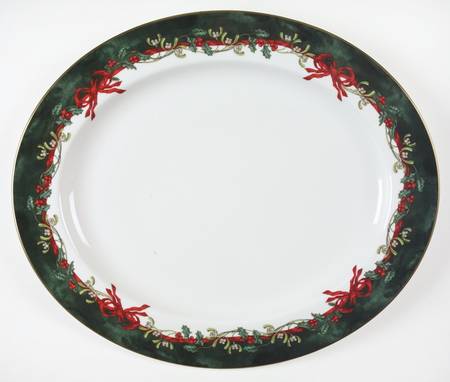 Holly Ribbons Green 16" Oval Serving Platter
