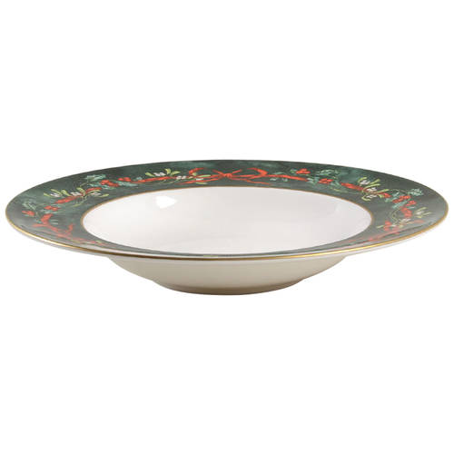Holly Ribbons Green Large Rim Soup Bowl