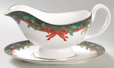 Holly Ribbons Green Gravy Boat & Underplate