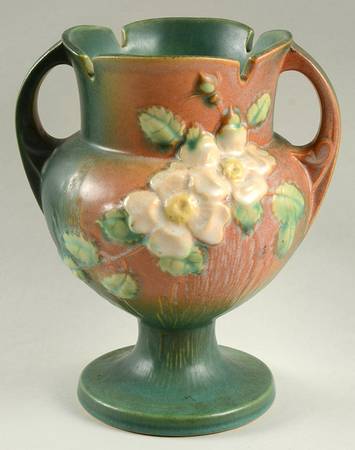 White Rose (Brown, Terra Cotta and Green) 8" Footed Vase