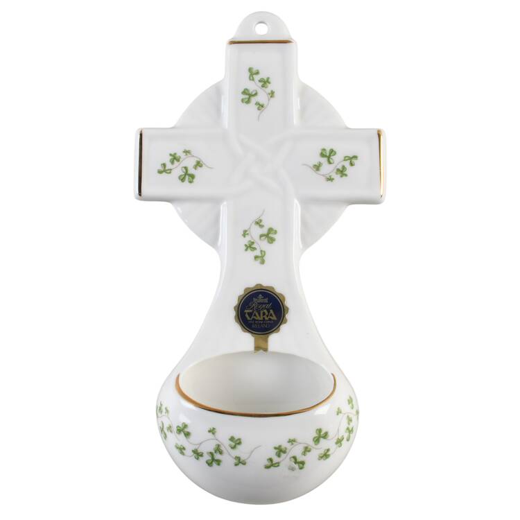 Trellis Shamrock Giftware Holy Water Font with Cross