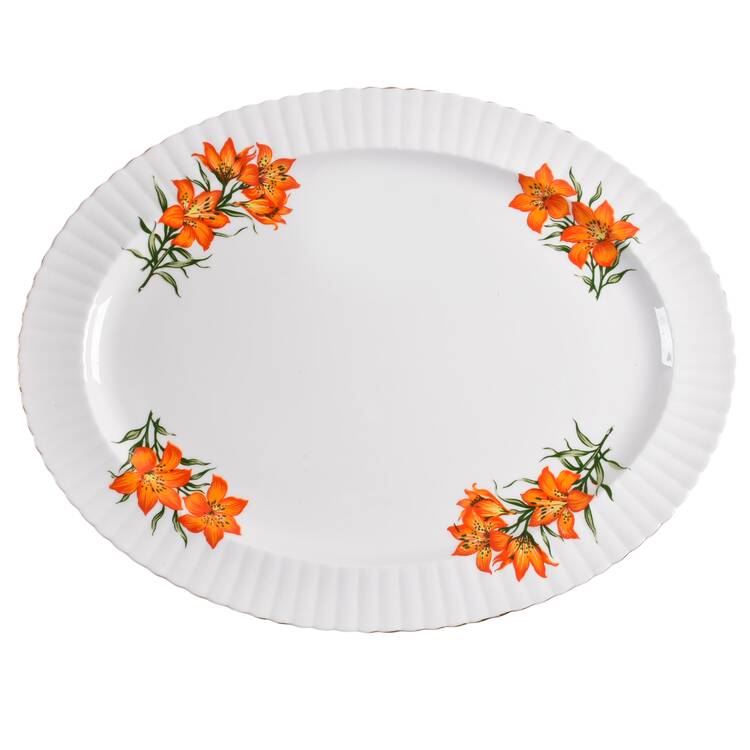 Prairie Lily (Ribbed, Gold Trim) 14" Oval Serving Platter