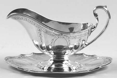 Hepplewhite-Engrv (Strl, Hlwr, Floral Band) Sterling Gravy Boat & Underplate