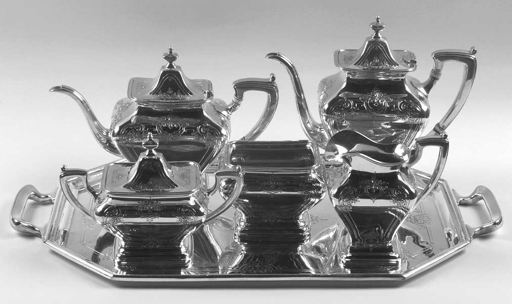 Jacobean-Engraved (Sterling, #740C, Hollowware) 6 Piece Tea Set (SCP, STP, SCR, SSU, SWB, PWT)