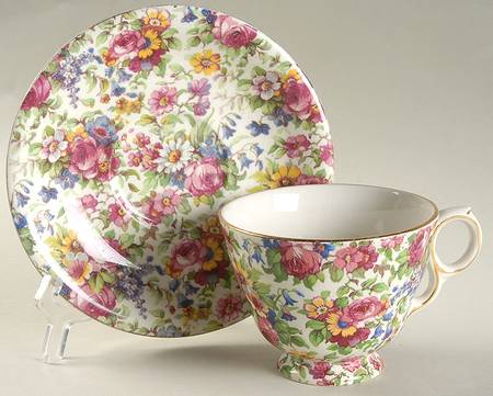 Summertime (Post 1960, White Background, Gold Trim) Footed Cup & Saucer Set