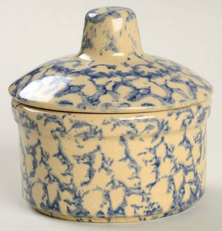 Spongeware Blue Ramekin with Lid