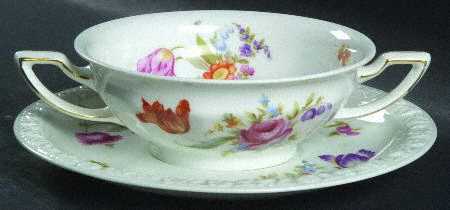 Flowers (Maria Stamp) Footed Cream Soup Bowl & Saucer Set