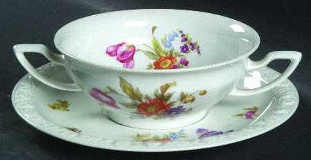 Flowers (Maria Stamp) Footed Cream Soup Bowl & Saucer Set