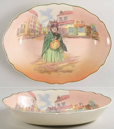 Dickens (Green Trim) 11" Oval Scalloped Bowl