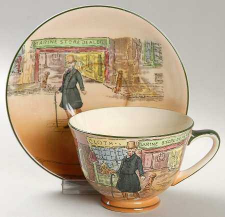 Dickens (Green Trim) Flat Cup & Saucer Set