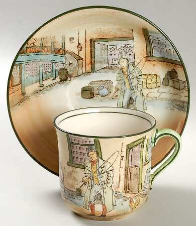 Dickens (Green Trim) Flat Cup & Saucer Set