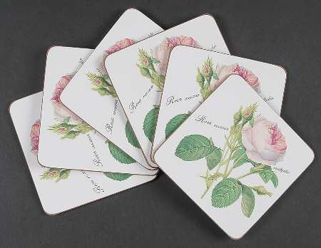 Redoute Roses Square Corkback Coaster - Set of 6