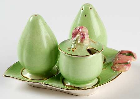 Tiger Lily Green Salt & Pepper, Mustard with Lid & Tray