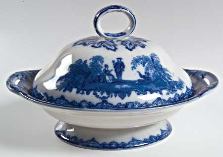 Watteau (Flow Blue, No Trim, Smooth) Round Covered Vegetable