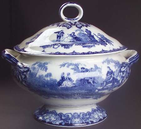 Watteau (Flow Blue, No Trim, Smooth) Tureen &  Lid