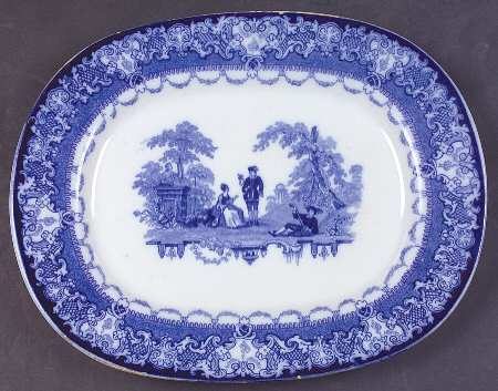 Watteau (Flow Blue, No Trim, Smooth) 10" Oval Serving Platter