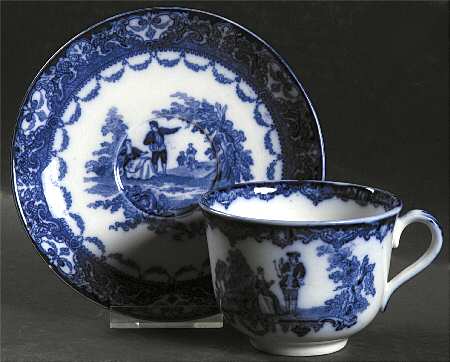 Watteau (Flow Blue, No Trim, Smooth) Flat Cup & Saucer Set