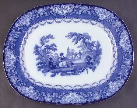 Watteau (Flow Blue, No Trim, Smooth) 15" Oval Serving Platter