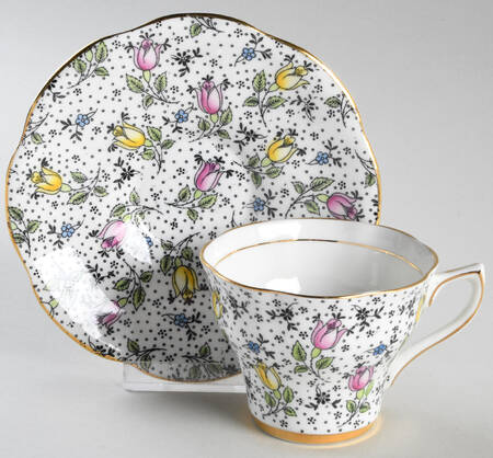June (Black, Multicolor Flowers) Footed Cup & Saucer Set
