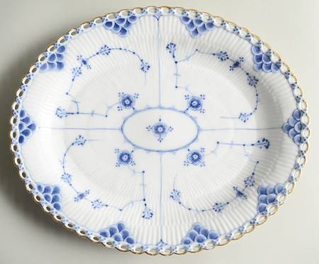 Blue Fluted Full Lace (Gold Trim) 12" Oval Serving Platter