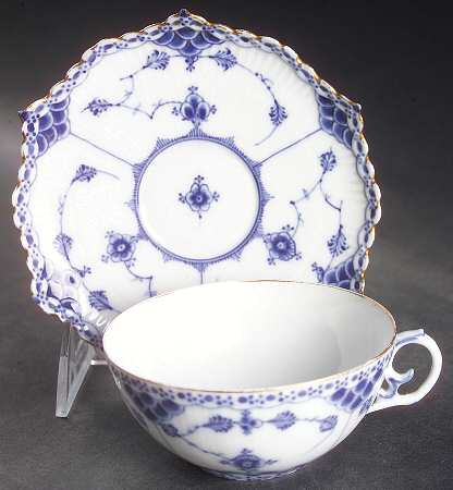 Blue Fluted Full Lace (Gold Trim) Flat Cup & Saucer Set