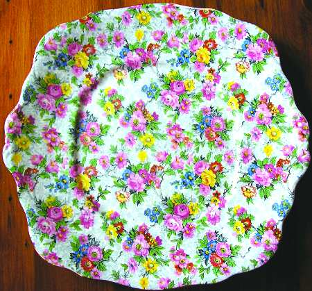Rose Chintz (Crown China Backstamp) Square Handled Cake Plate
