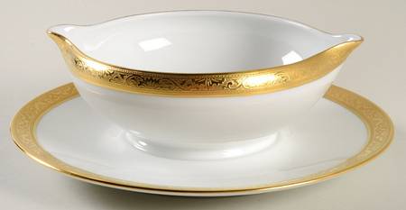 Ambassador Gold (White) Round Gravy Boat/Attached Underplate