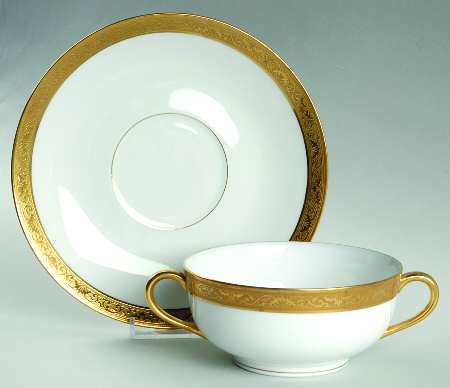 Ambassador Gold (White) Flat Cream Soup Bowl & Saucer Set