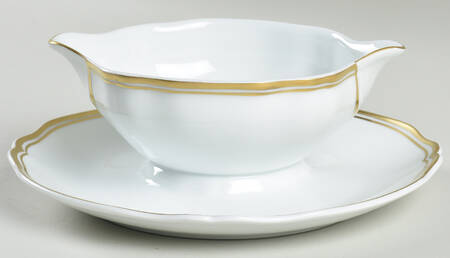 Polka White (Gold Trim) Gravy Boat with Attached Underplate