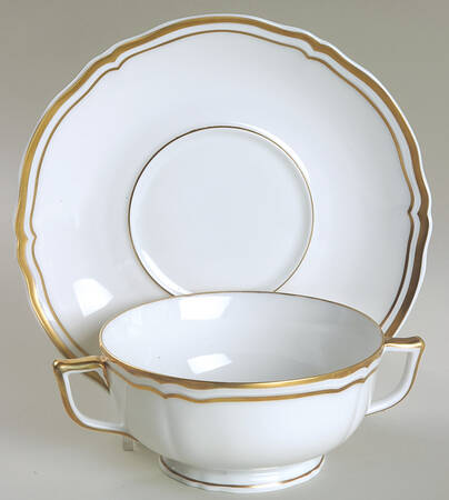 Polka White (Gold Trim) Footed Cream Soup Bowl & Saucer Set