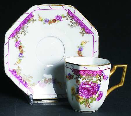 King's Rose (White Background, Octagonal, Stripes) Flat Demitasse Cup & Saucer Set