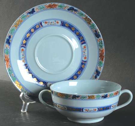 Koutani (Celadon Backgorund) Footed Cream Soup Bowl & Saucer Set