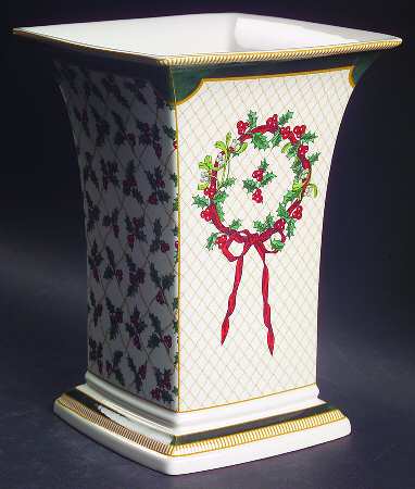 Holly Ribbons Festive 8" Square Vase