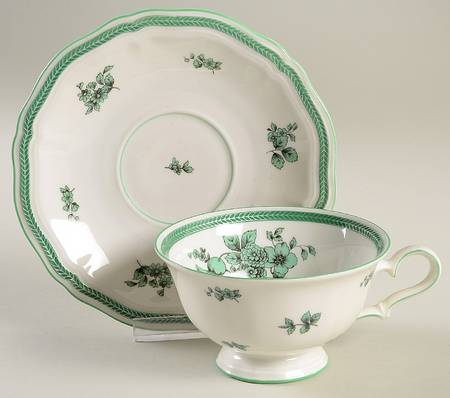 Green Bloom (Green Trim) Footed Cup & Saucer Set
