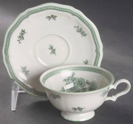 Green Bloom (Green Trim) Footed Demitasse Cup & Saucer Set