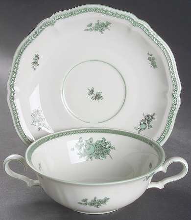 Green Bloom (Green Trim) Flat Cream Soup Bowl & Saucer Set