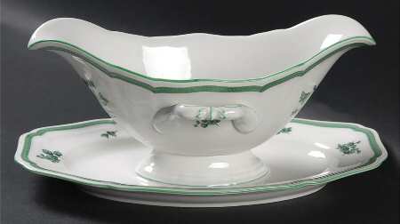 Green Bloom (Green Trim) Gravy Boat with Attached Underplate