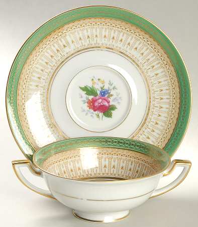 Avon Green Footed Cream Soup Bowl & Saucer Set