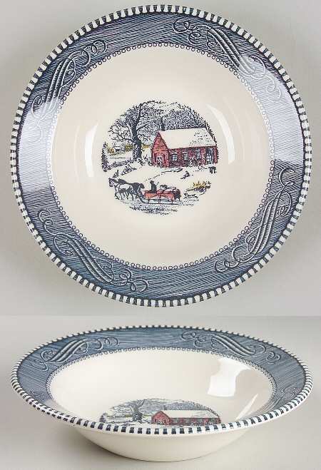 Currier and Ives Blue Multicolor Rim Cereal Bowl